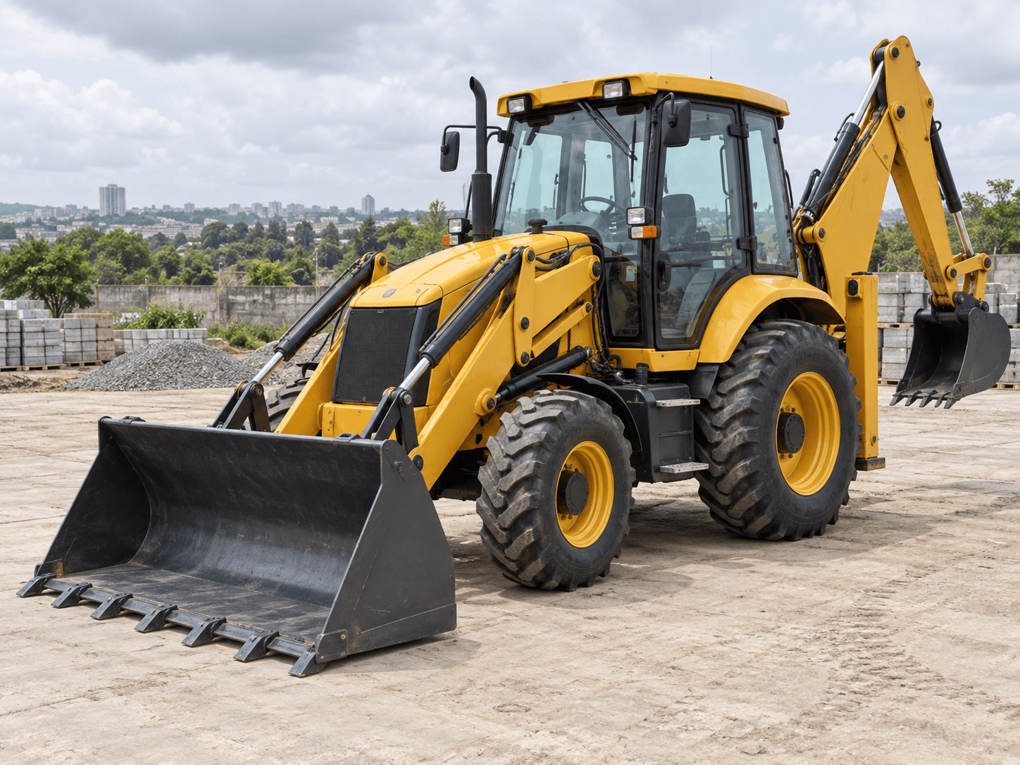 Yellow backhoe loader in a construction yard