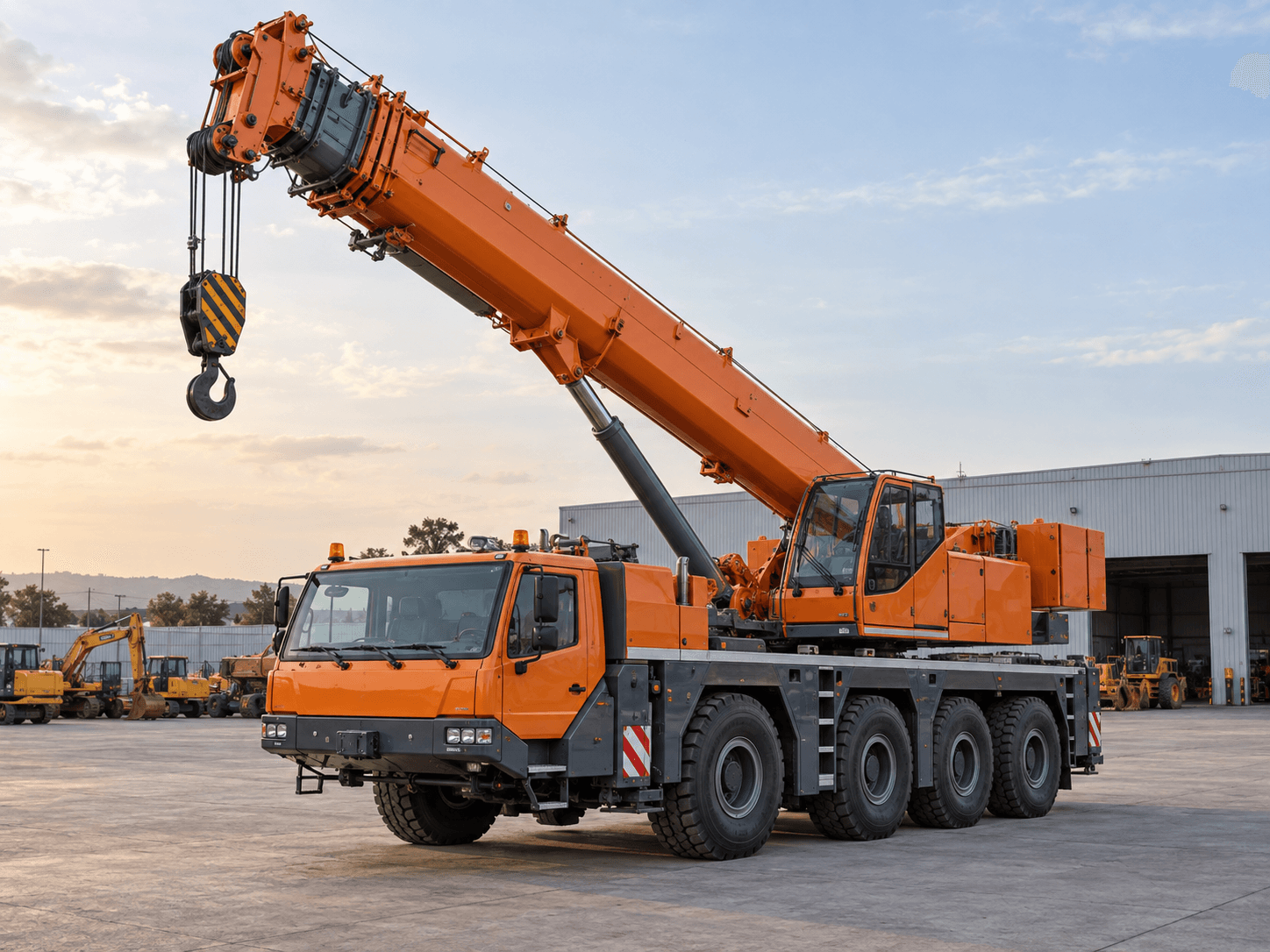 Orange mobile crane in an equipment yard