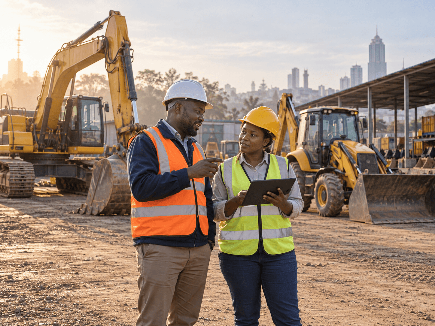 Equipment professionals discussing work in a machinery yard in Nairobi
